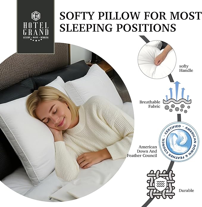 Hotel Grand Goose Feather Down Fiber Pillows King Size Set of 2, 100% Cotton Cover, Medium Firm, Hotel Collection 2Inch Gusseted Bed Pillows for Back, Stomach or Side Sleepers, 18"x34", White