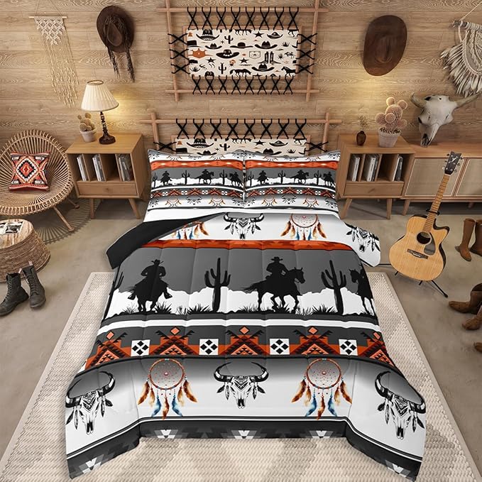 Erosebridal Twin Size Western Horse Comforter Set Longhorn Skull Dream Catcher Boho Bedding Set for Kids Boys Teens Adult Bedroom, Cowboy Aztec Quilt Southwestern Geometric Duvet Insert, Grey