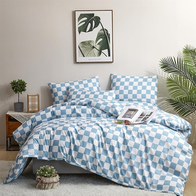 KAREVER Blue White Grid Comforter Set Twin Blue Plaid Bedding Set Girls Blue White Checkered Bed Blanket Set Kids Durable Breathable Bedding Comforter Set