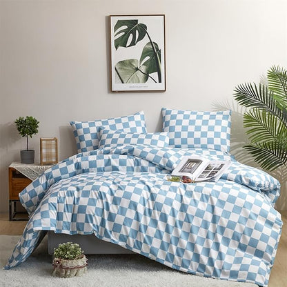KAREVER Blue White Grid Comforter Set Twin Blue Plaid Bedding Set Girls Blue White Checkered Bed Blanket Set Kids Durable Breathable Bedding Comforter Set