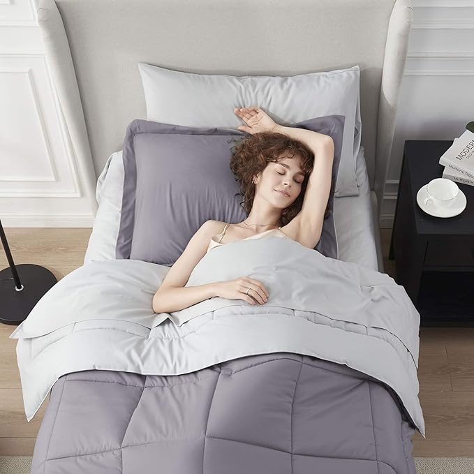 Nestl 5 Piece Twin Comforter Set – Grey Lavender Reversible Bed in a Bag – Complete Twin Size Bedding Set with Sheets, Pillowcase and Sham