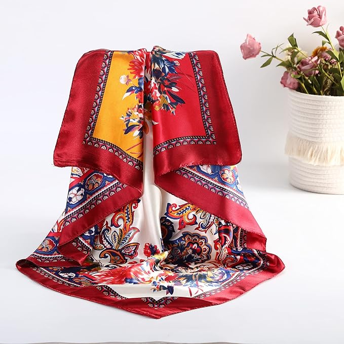 AWAYTR 35” Satin Large Square Head Scarves - 4PCS Silk Like Neck Scarf Hair Sleeping Wraps Satin Silk Scarfs for Women