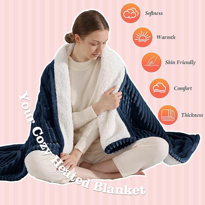 Heated Blanket Full Size Electric Blanket, 72''x84'' Washable Heated Blanket with 5 Heat Levels & 10 Hours Auto Off, Double Sided Flannel to Sherpa Heating Blanket for Grandma Gifts (Navy Blue)