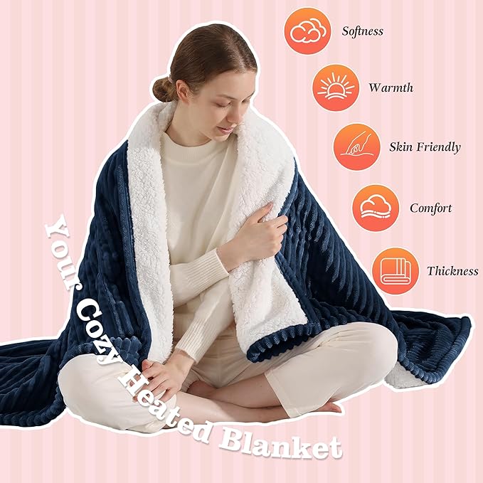 Heated Blanket Electric Throw 50"x60" Heating Blanket 450gsm Ribbed Flannel Sherpa Ultra-Soft with 5 Heating Levels and 4 Hour Auto Off, ETL & FCC Certified Electric Blanket, Great Winter Gift