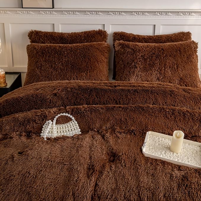 chovy Faux Fur Plush Coffee Comforter Sets Queen - Ultra Soft Shaggy Flannel Velvet Fluffy Fuzzy 3PC Bedding Set (Comforter x 1 Pillowcases x 2)