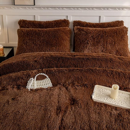 chovy Faux Fur Plush Coffee Comforter Sets Queen - Ultra Soft Shaggy Flannel Velvet Fluffy Fuzzy 3PC Bedding Set (Comforter x 1 Pillowcases x 2)