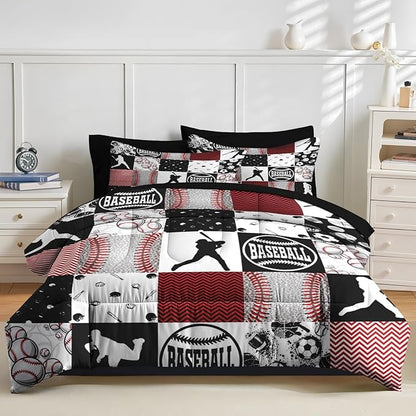 Nesker 5 Pcs Comforter Set Twin Size, Baseball Softball Sports Boys Bedding Set for Kids and Adults, Red Black Gray Patchwork Checked Bed Sheet Sets with Fitted Sheet Pillowcases & Shams