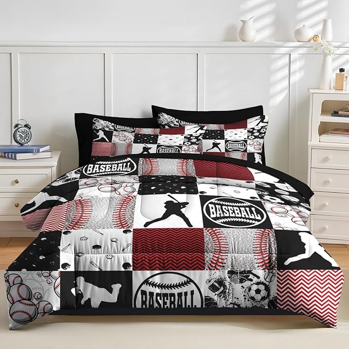 Nesker 7 Pcs Comforter Set Full Size, Baseball Softball Sports Boys Bedding Set for Kids and Adults, Red Black Gray Patchwork Checked Bed Sheet Sets with Fitted Sheet 2 Pillowcases & 2 Shams