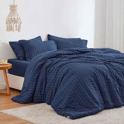 Love's cabin Seersucker Dark Blue Queen Comforter Set, 7-Piece All Season Lightweight Bed in a Bag Bedding Set with Comforter, Flat Sheet, Fitted Sheet, Pillowcases and Shams | Soft, Breathable, Lightweight