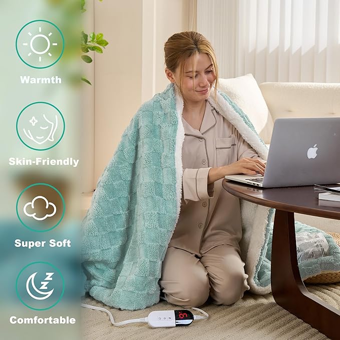Electric Blanket, Heated Blanket with 6 Heat Levels & 10 Hours Auto Off, Soft Checked Flannel Fast Heating Blanket with ETL & FCC Certification (Green, 84"X90")