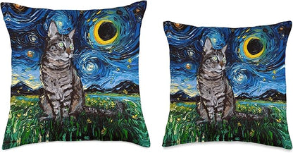Gray Tabby Tiger Cat Starry Night Moon and Stars Artwork Throw Pillow