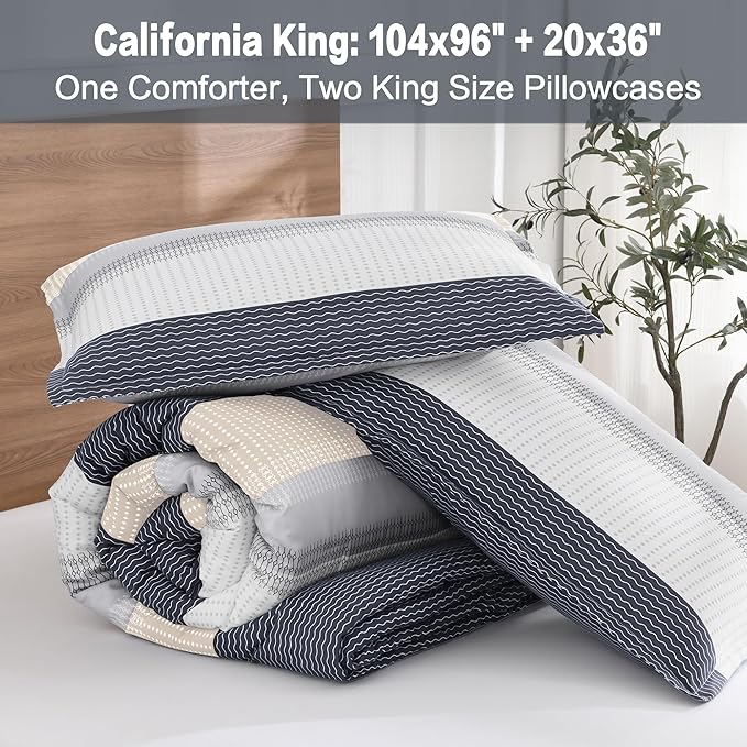 Litanika Comforter Set California King Size Blue Yellow - 3 Pieces Lightweight Blue Yellow White Colorblock Stripe Fluffy Bedding Comforter Sets, All Season Bed Set