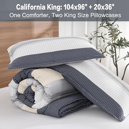 Litanika Comforter Set California King Size Blue Yellow - 3 Pieces Lightweight Blue Yellow White Colorblock Stripe Fluffy Bedding Comforter Sets, All Season Bed Set