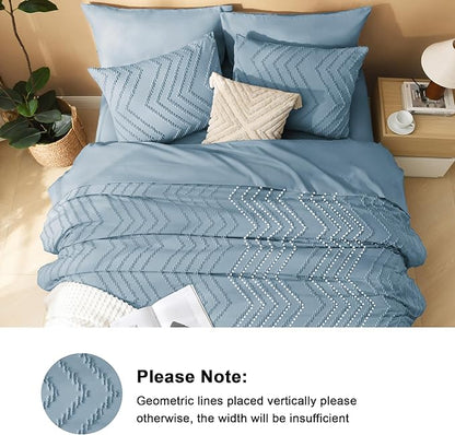Litanika Grayish Blue Full Size Comforter Set with Sheets - 7 Pieces Bed in a Bag Full Chevron Tufted Complete Bedding Sets with Comforter, Sheets, Pillowcases & Shams