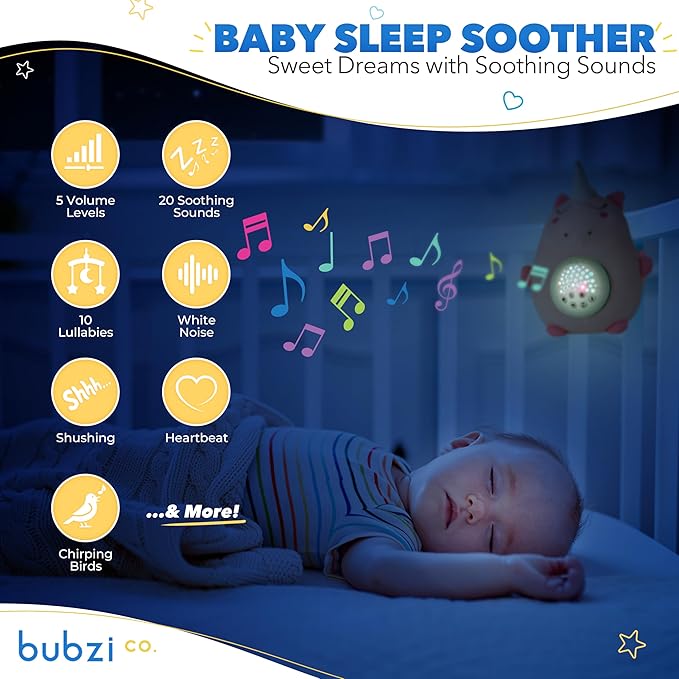 Bubzi Co Sound Machine, Portable Unicorn Soother & Night Light Projector, Comforting Electronic Infant Toddler Sleep Aid & Shush with White Noise