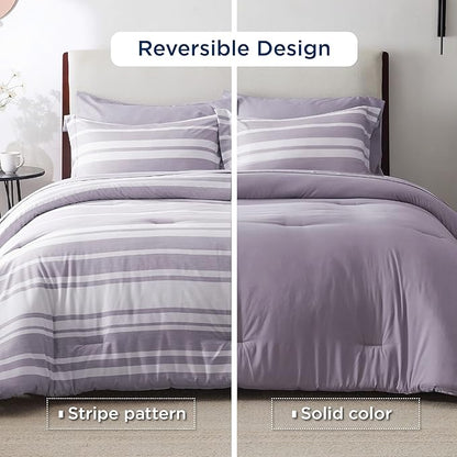 Bedsure Queen Comforter Set 7 Pieces, Purple Striped Bedding Set for All Seasons, Reversible, Cationic Dyeing Bed in a Bag with Comforter, Sheets, Pillowcases & Shams