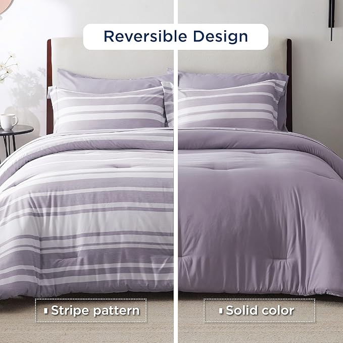 Bedsure Full Comforter Set 7 Pieces, Purple Striped Bedding Set for All Seasons, Reversible, Cationic Dyeing Bed in a Bag with Comforter, Sheets, Pillowcases & Shams