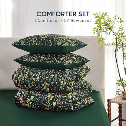 Wake In Cloud - Floral Comforter Set, Shabby Chic Cottage Garden Botanical Flower Style with Elegant Wildflower Pattern, Soft Lightweight Bedding, 3 Pieces, Dark Green, Queen Size