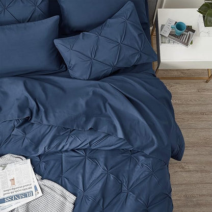 Bedsure Queen Comforter Set Navy - Bed in a Bag Queen Size Bedding 7 Pieces, GentleSoft™ Pintuck Bed Set Gift for Family, Pinch Pleat All Season Comforter with Sheets, Pillowcases & Shams