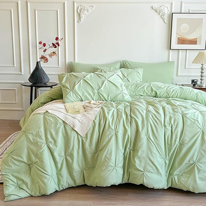Maple&Stone Green Comforter Set Queen, 7 Pieces Bed in a Bag Queen, Pintuck Bedding Sets with Comforter, Sheets, Pillowcases & Shams - Light Green