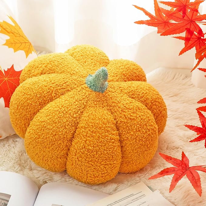 Kajaia 1 Pcs Pumpkin Pillow Plush 11 x 9.5 Inch 3D Cushion Fall Decorations Simulated Stuffed Throw Pillows for Halloween Thanksgiving Bedroom Sofa Couch Supplies (Yellow)