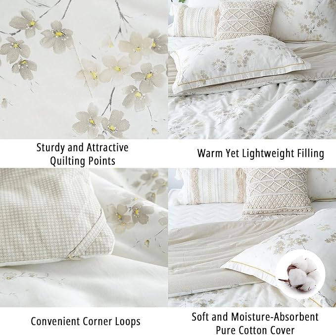 Floral Cotton Comforter Queen Size - Cream Comforter with Luxrious Grey Branches & Subtle Beige Blossoms,Reversible Lightweight Bedding Sets 3Pcs(90"×90")
