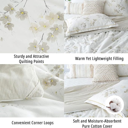 Floral Cotton Comforter Queen Size - Cream Comforter with Luxrious Grey Branches & Subtle Beige Blossoms,Reversible Lightweight Bedding Sets 3Pcs(90"×90")
