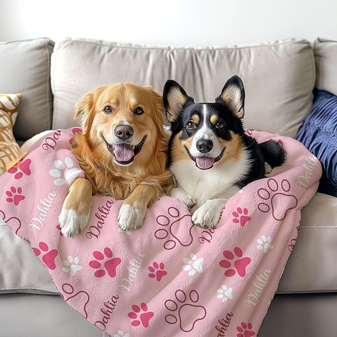 Personalized Dog Blankets with Name, Custom Paw Print Blanket for Large Medium Small Dogs Christmas, Birthday Gifts, Soft Throw Puppy Blanket - Customized Memorial Blanket Gifts for Pet Lovers