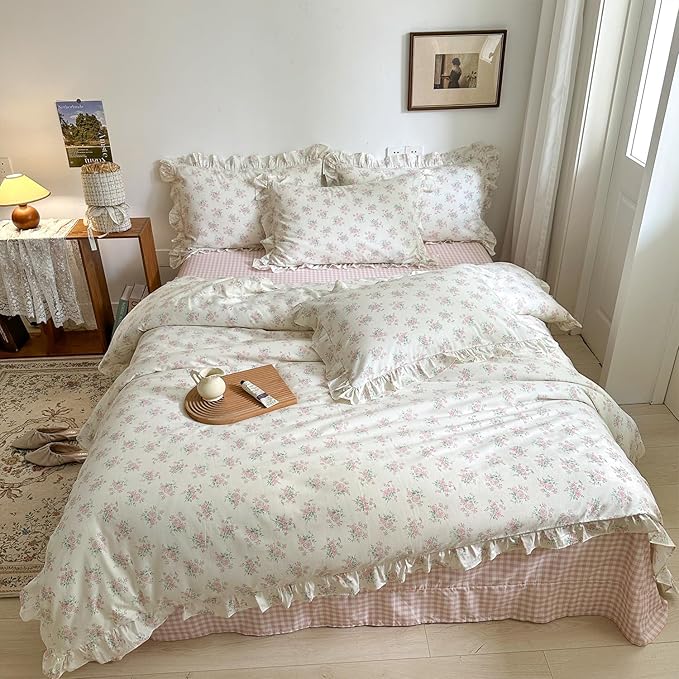 MKXI Queen Size Pink Floral Comforter Set - 3 Piece Ruffled Lace Bedding Set 1 Queen Comforter with 2 Pillowcases All Seasons, Soft Aesthetic Princess Style Floral Comforter for Girls, Women