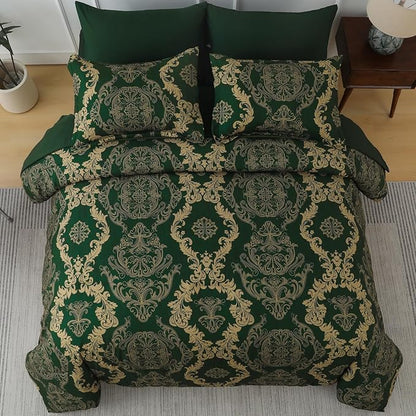 WONGS BEDDING Green Damask Queen Size Comforter Set, 7 Piece Texture Microfiber Comforter Bedding Set for All Season, Bed in a Bag with Comforter, Flat Sheet, Fitted Sheet, Pillowcases & Shams