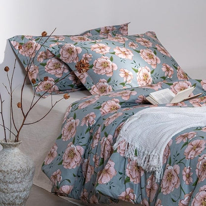 Cotton Comforter Queen Size Set – Blue Green Blush Floral Cotton Shell Bedding, Soft & Breathable, All-Season Down-Alternative Fill, Includes 1 Comforter & 2 Pillow Shams