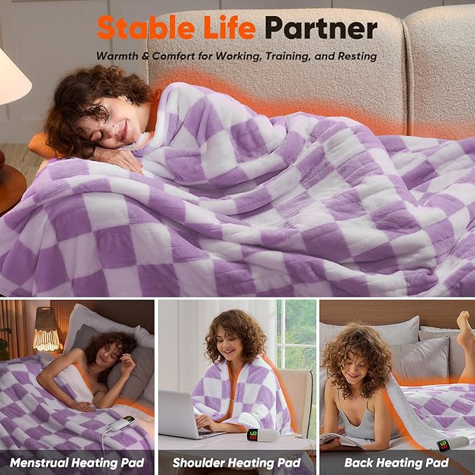 Heated Electric Blanket Throw, 50X60 Heating Blanket with 10 Heat Level & 8 Hours Auto Off for Lap, Light Purple Checkered Plaid Soft Sherpa Blankets Warmer Gifts for Couch Grandma Women Adults