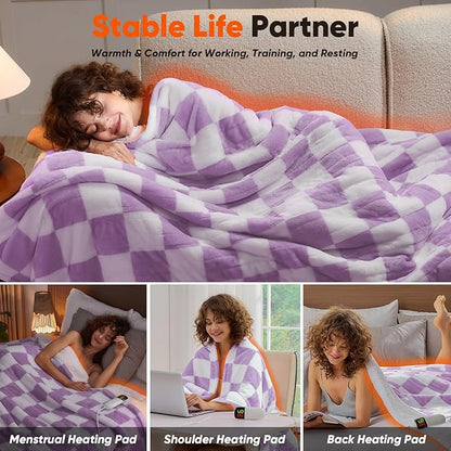 Heated Electric Blanket Throw, 50X60 Heating Blanket with 10 Heat Level & 8 Hours Auto Off for Lap, Light Purple Checkered Plaid Soft Sherpa Blankets Warmer Gifts for Couch Grandma Women Adults