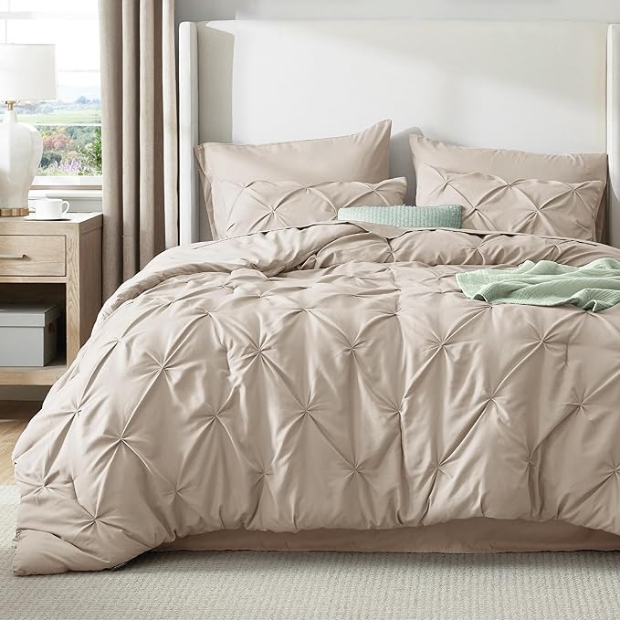 Bedsure Oversized King Comforter Set Beige - Bed in a Bag Bedding Set 7 Pieces, GentleSoft™ Pintuck Bed Set Gift for Family, Pinch Pleat Beige Comforter with Sheets, Pillowcases & Shams