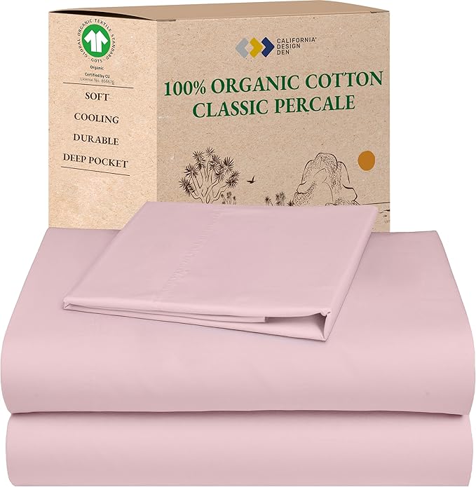 California Design Den Soft 100% Organic Cotton Sheets Twin XL Size Set - Soft and Crisp Percale, Twin XL Sheet Sets with Deep Pockets, Breathable and Durable Bedding (Pink - Chalky Tone)