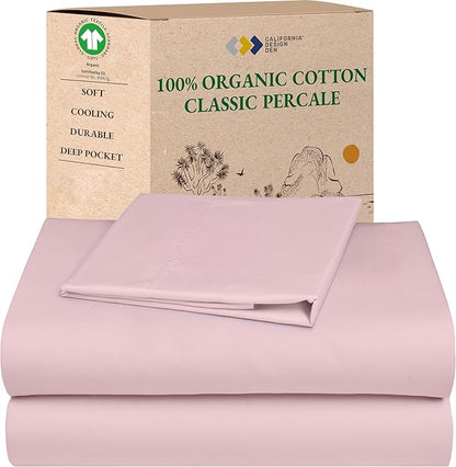 California Design Den Soft 100% Organic Cotton Sheets Twin XL Size Set - Soft and Crisp Percale, Twin XL Sheet Sets with Deep Pockets, Breathable and Durable Bedding (Pink - Chalky Tone)