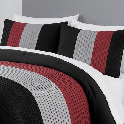 Chezmoi Collection Briar 7-Piece California King Bed in a Bag - All Season Lightweight Microfiber Comforter Set - Includes Sheets & Shams - Red/Black/Gray Pleated Stripe Design