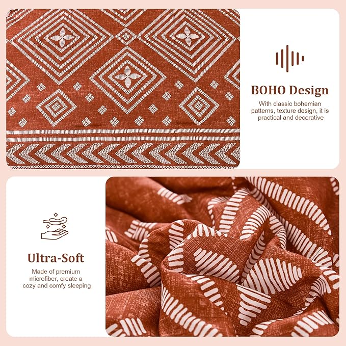 Yiran Burnt Orange Comforter Set Queen Size, 7 Piece Terracotta Fall Boho Bedding Set, Geometric Bed in a Bag Queen, Soft Microfiber Bohemian Striped Complete Bedding Set with Sheets for All Season