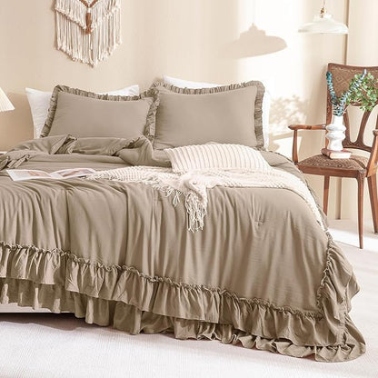 Masaca Ruffled King Comforter Set,Farmhouse Shabby Boho Bedding Comforter with Ruffles Lightweight Ultra Soft Vintage Rustic French Country Light Taupe Bedding 3 Pieces
