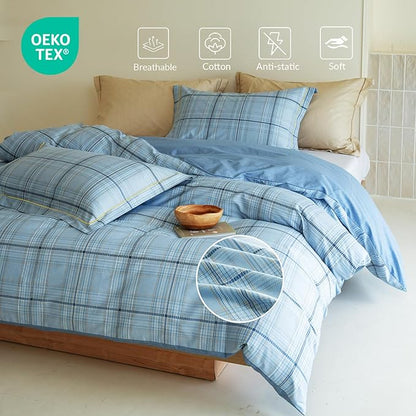 Queen Size Blue Plaid Comforter Set, 3Pcs Cotton Duvet for All Seasons, Warmth Breathable Bedding Set with 1 Lightweight Comforter and 2 Pillow Shams