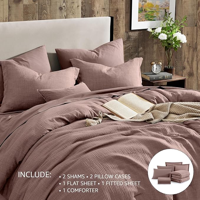 Geniospin Queen Comforter Set - 7 Pieces Comforter Queen Size, Soft Solid Bedding Set for All Season, Textured Bed in a Bag with Sheets, Pillowcases & Shams (Misty Rose, 90''x90'')
