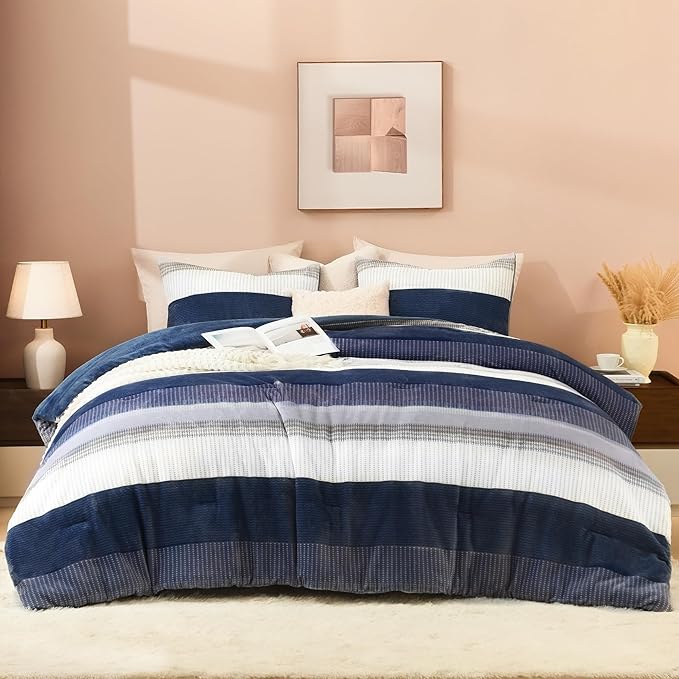 Litanika Fluffy Fleece Queen Comforter Set, Luxury Soft Plush Fuzzy Mineral Blue Stripe Bedding Comforter Sets, Warm Shaggy Faux Fur Bed Set All Season (1 Comforter, 2 Pillowcases)