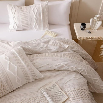 Luxlovery Boho Farmhouse Comforter Set Cal King Teens Kids White Jacquard Bedding Set Bohemian Country Blanket Quilts Durable Soft Breathable 3PCS Comforter Set California King Bed