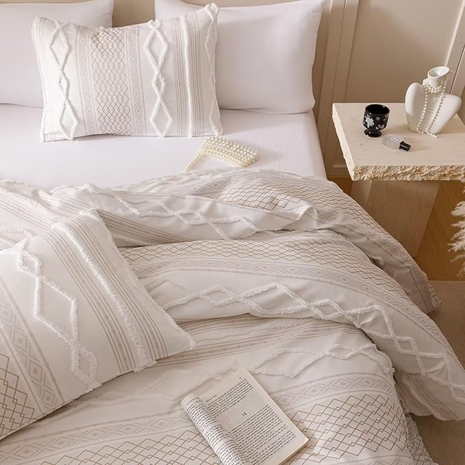 Luxlovery Boho Farmhouse Comforter Set King Teens Kids White Jacquard Bedding Set Bohemian Country Blanket Quilts Durable Soft Breathable 3PCS Comforter Set King Bed