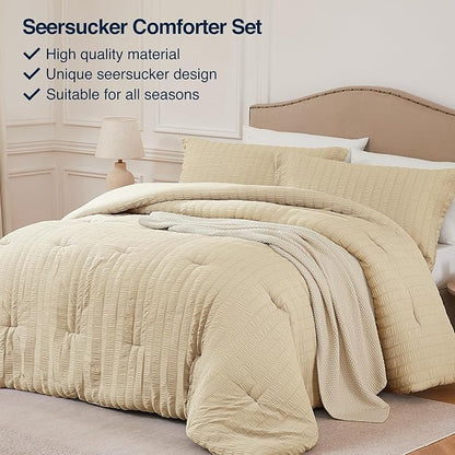 Full Size Comforter Set Linen,3PCS Seersucker Lightweight Bedding for All Season, Full Size(82''×86'' Comforters & 2 Pillowcases)