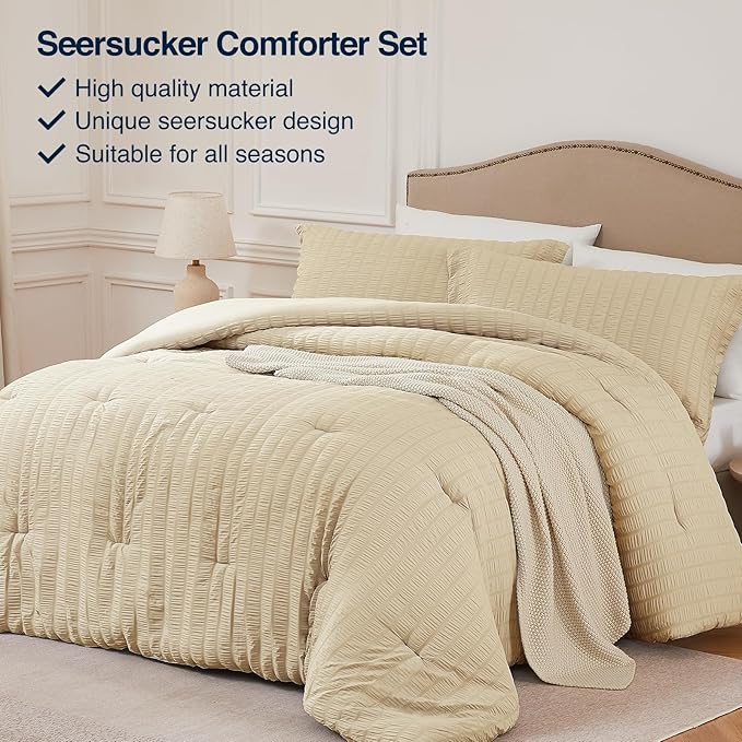 Linen Twin/Twin XL Comforter Set - 2 Pieces Seersucker Lightweight Bedding Comforter Sets (1 Soft Fluffy Comforter & 1 Pillowcase) - All Seasons Cozy Modern Bed Sets for Women Men