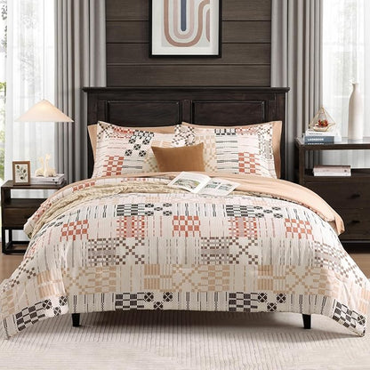 MaiRêve Plaid Twin XL Comforter Set, Farmhouse Bedding Sets for Boys Girls Teen 5 Pieces, Beige All Season Bed in A Bag for Dorm with Sheets, Pillowcase & Sham