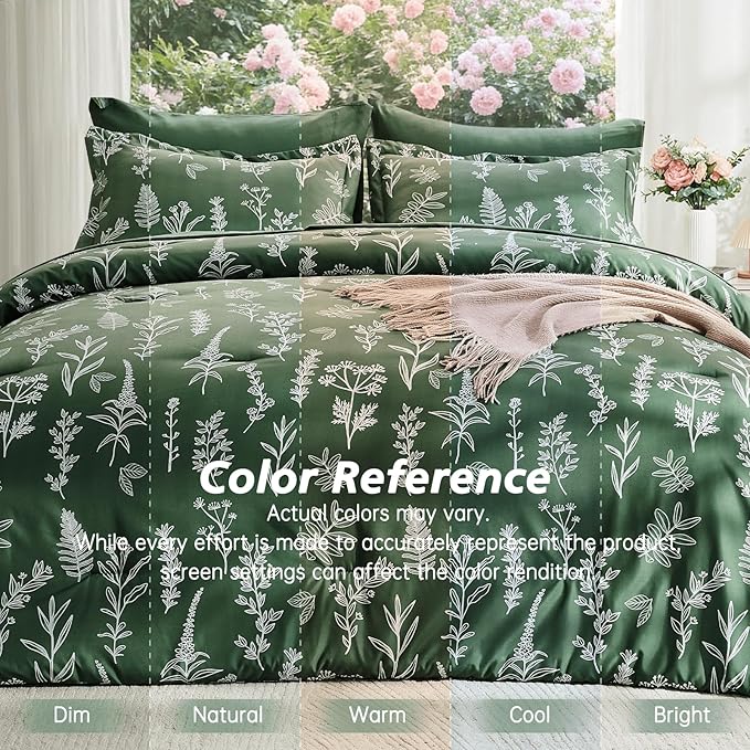 MUXHOMO Dark Green Twin Comforter Set, Elegant Floral Print Bed in a Bag 5 Pieces, Ultra Soft & Breathable Reversible Botanical Pattern Bedding Set with Comforter, Sheets, Pillowcase, and Sham