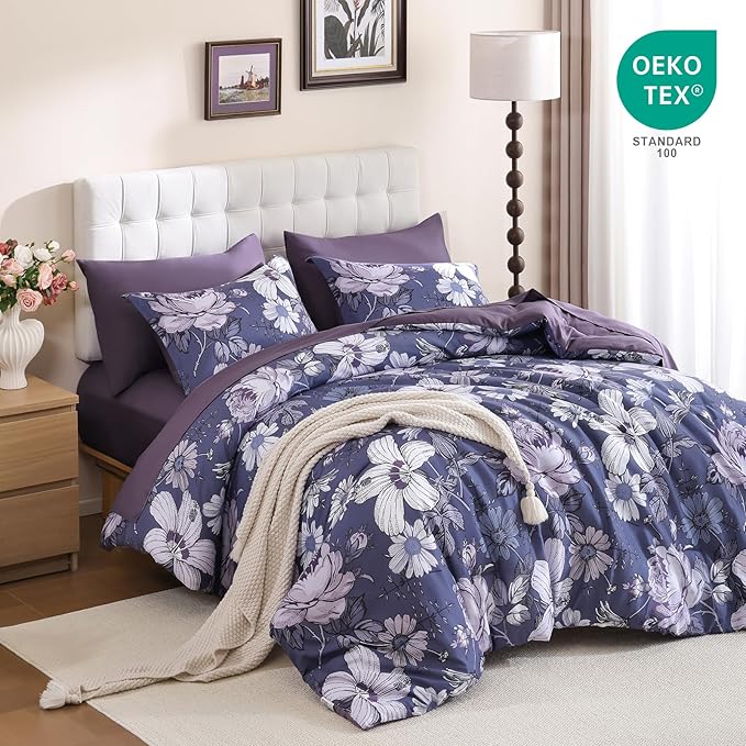 Luxudecor Queen Comforter Set 7 Pieces Bedding Sets,Grayish Purple Floral Comforter and Sheet Set, Soft Microfiber Bed in a Bag for All Seasons (Grayish Purple,90"x90")