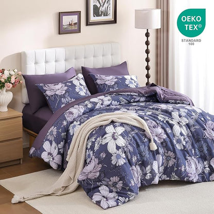 Luxudecor Queen Comforter Set 7 Pieces Bedding Sets,Grayish Purple Floral Comforter and Sheet Set, Soft Microfiber Bed in a Bag for All Seasons (Grayish Purple,90"x90")